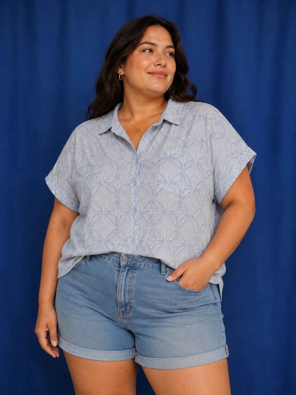 Wonderly Light Blue Dot-Print Button Front Top